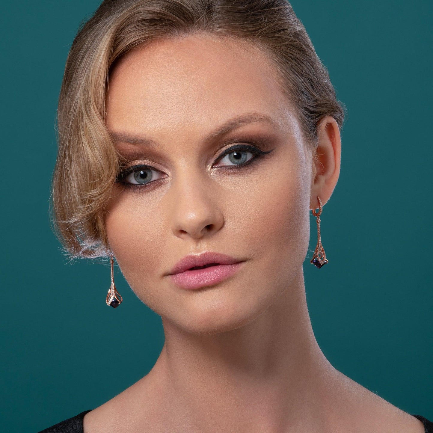 Rose Gold Drop Earrings for Women with Purple Stones and Cubic Zirconia Gemstones - namana.london