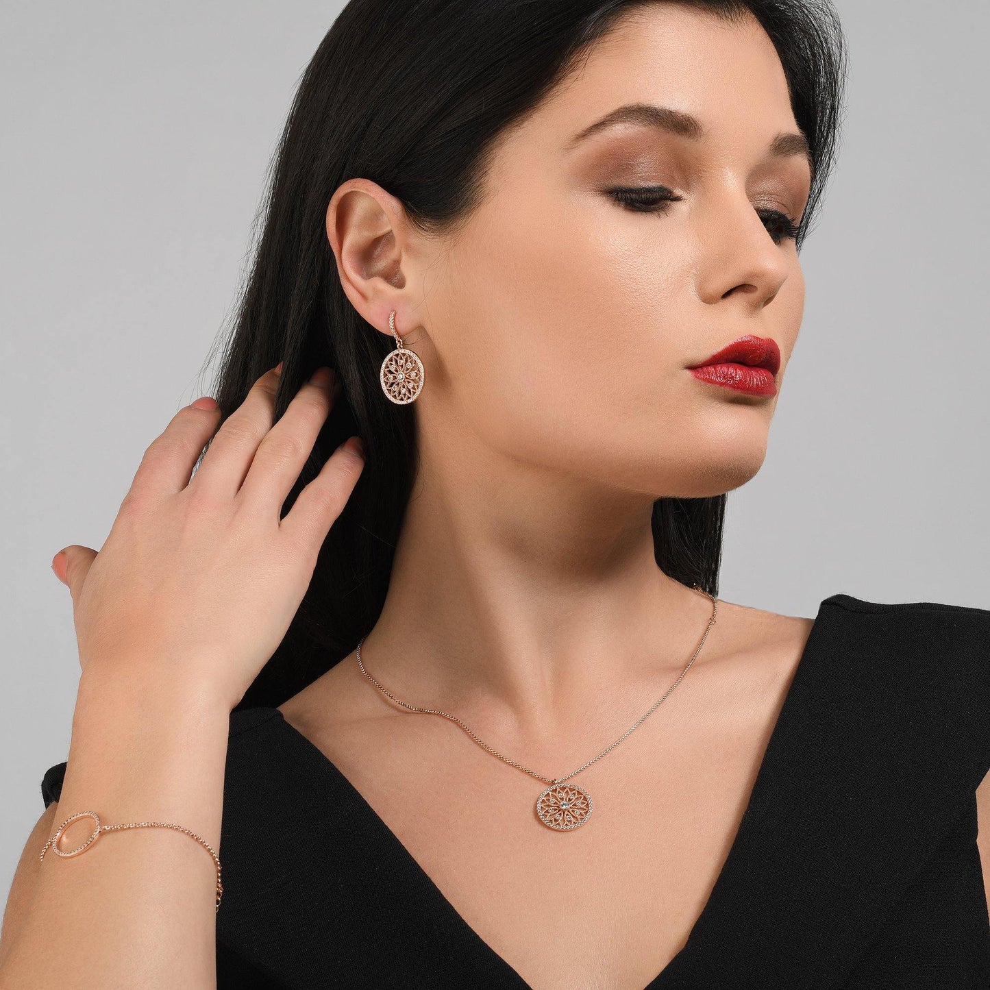 Rose Gold Mandala Arabesque Pendant Necklace with Cubic Zirconia - namana.london