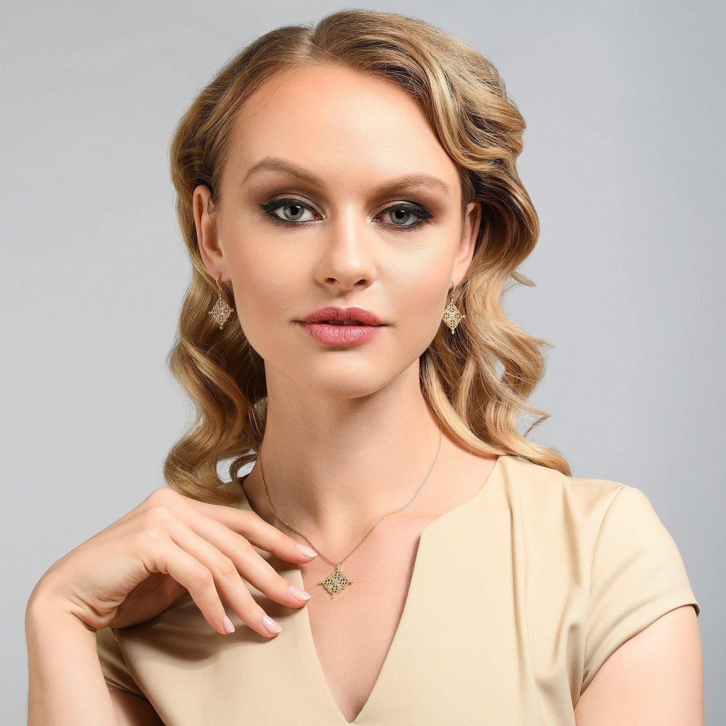 Gold Arabesque Dangle Earrings with Cubic Zirconia - namana.london