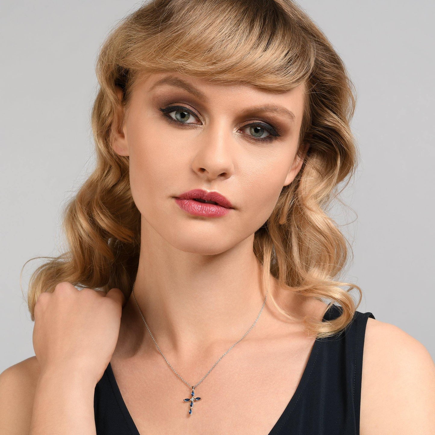 Sterling Silver Cross Necklace for Women with Blue Stones - namana.london