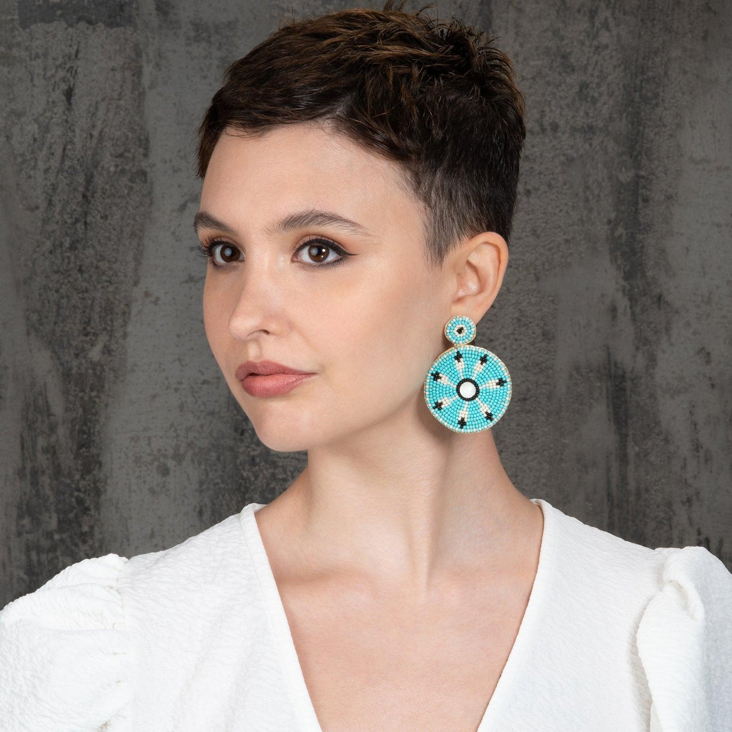 Large Turquoise Blue Beaded Statement Earrings for Women - namana.london