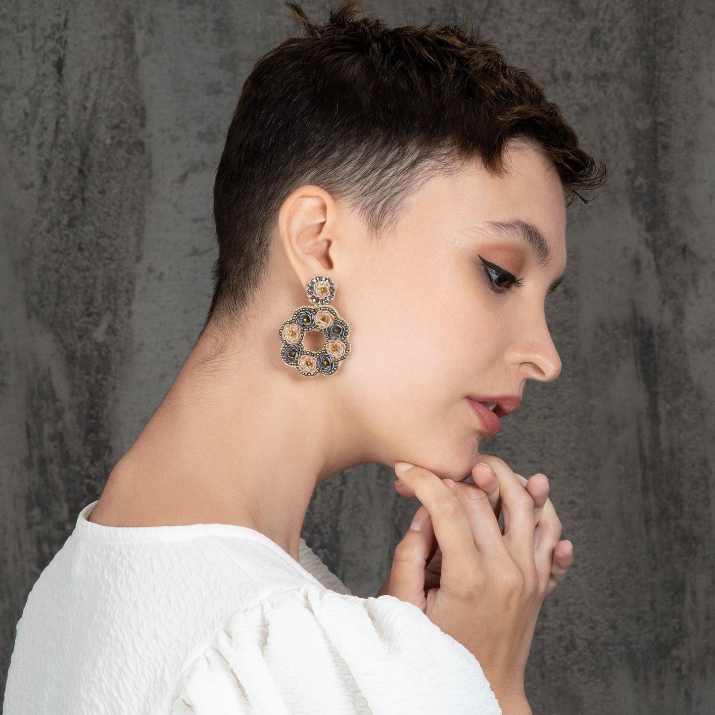 Large Grey and Salmon Flower Statement Earrings for Women - namana.london