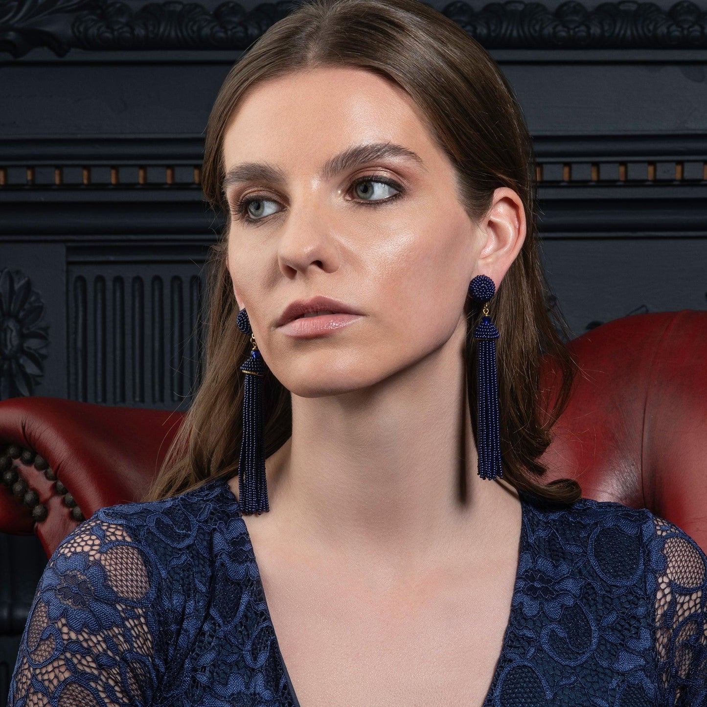 Long Blue Beaded Tassel Earrings for Women - namana.london