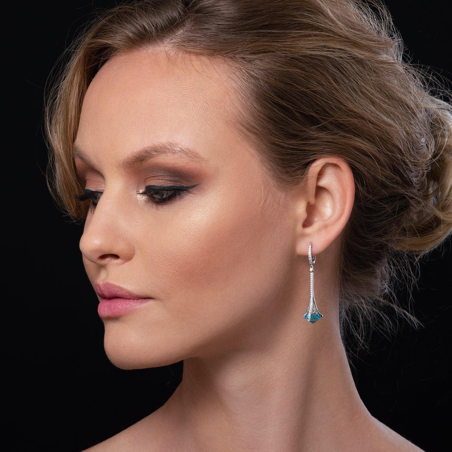 Sterling Silver Long Drop Earrings for Women with Light Blue Stones and Cubic Zirconia Gemstones - namana.london