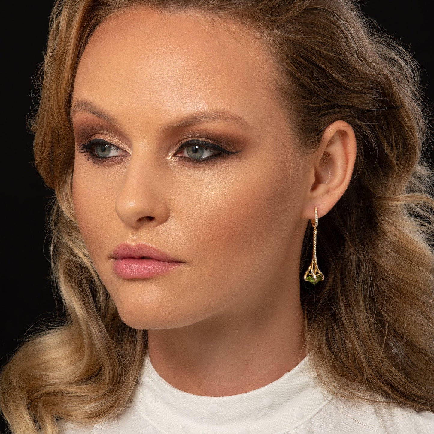 Gold Drop Earrings for Women with Green Stones and Cubic Zirconia Gemstones - namana.london