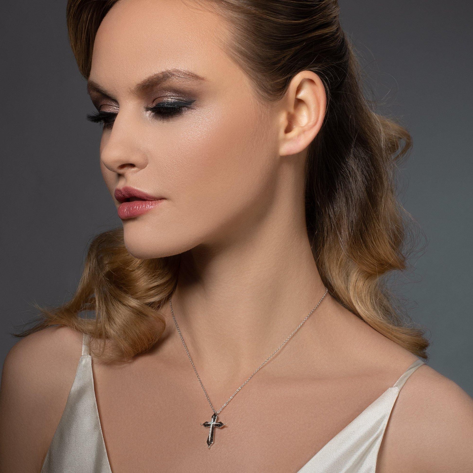 Sterling Silver Elegant Black and Silver Cross Necklace for Women - namana.london