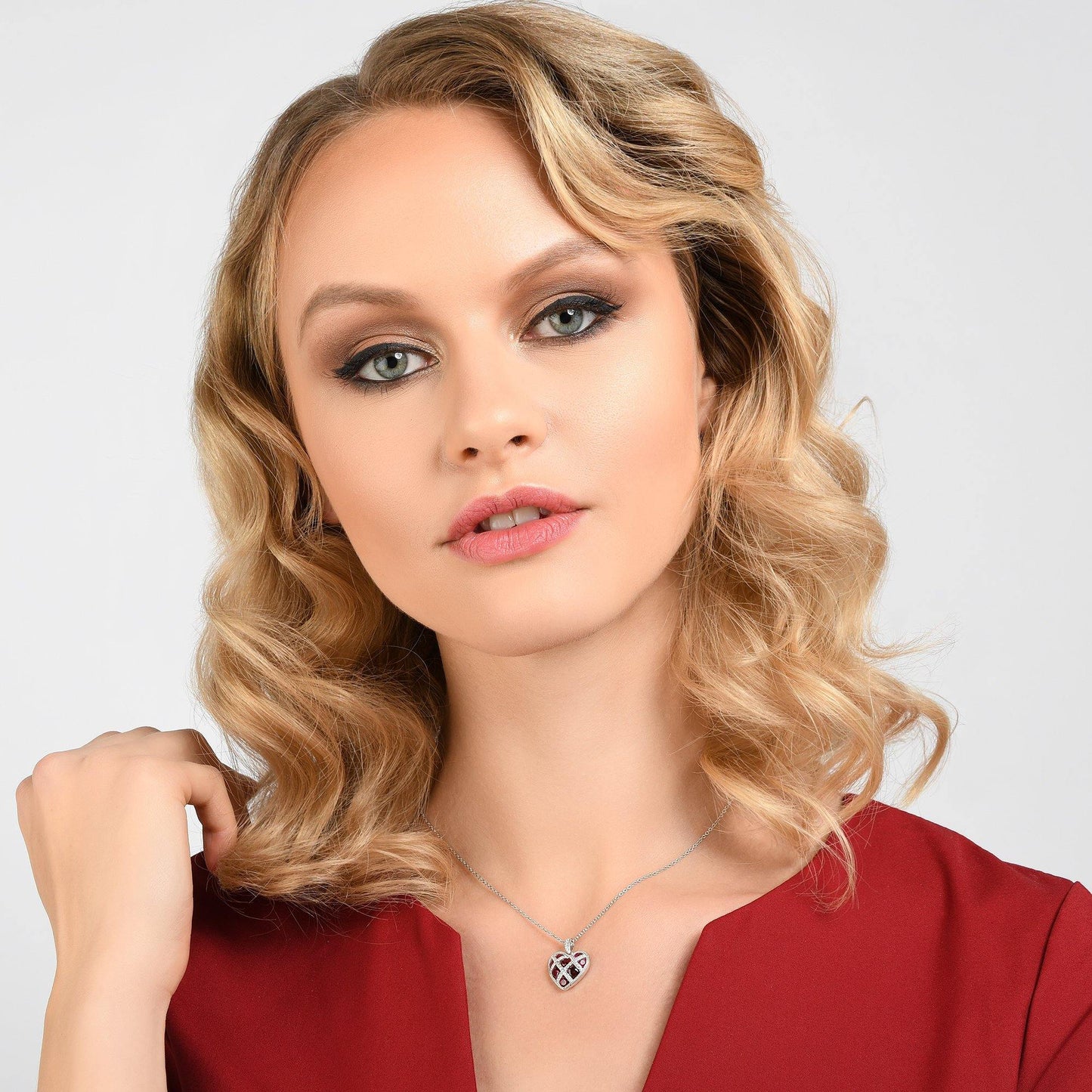 Sterling Silver Lattice Heart Necklace for Women with Red Stones - namana.london