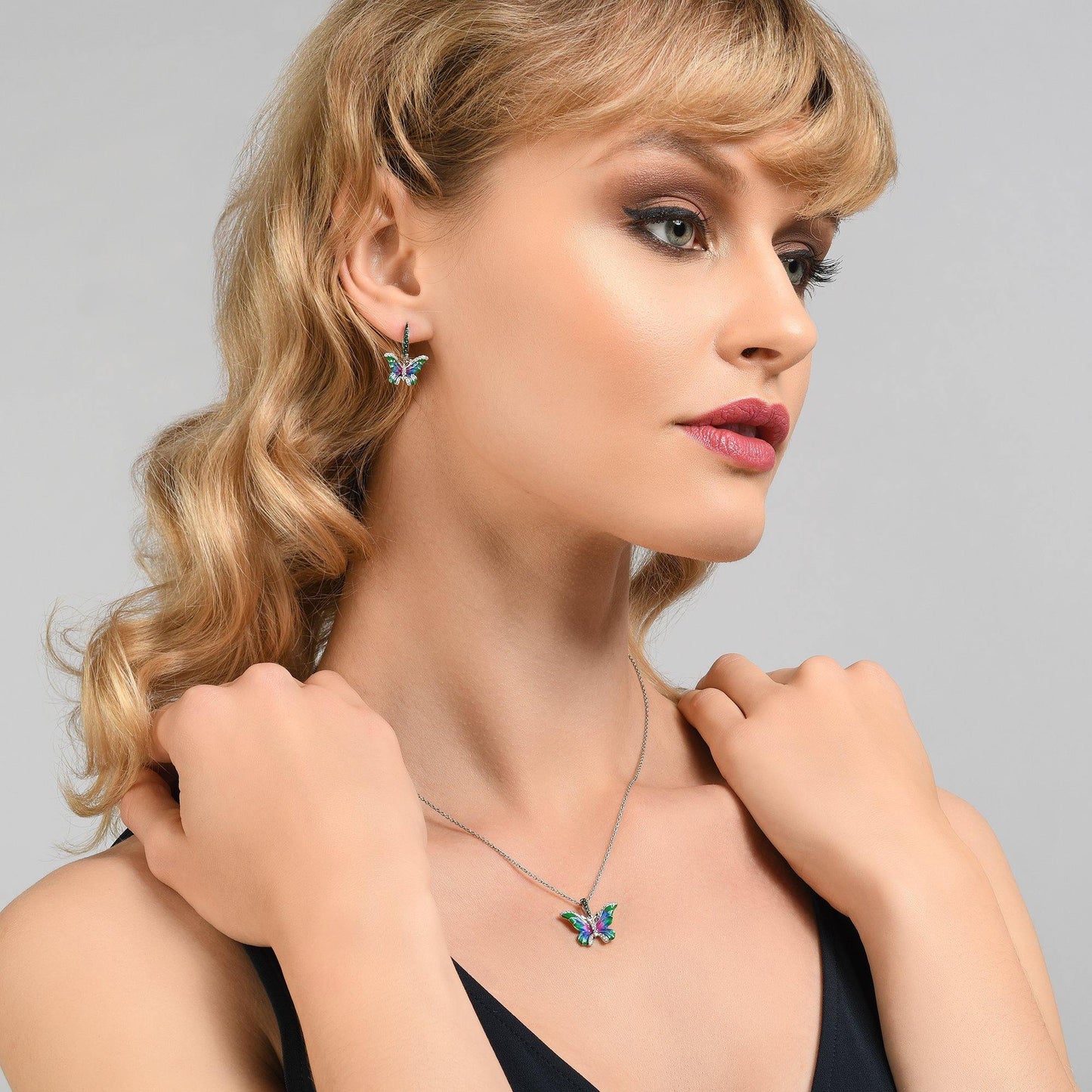 Sterling Silver Butterfly Earrings for Women with Green Enamel Details and Cubic Zirconia Gemstones - namana.london