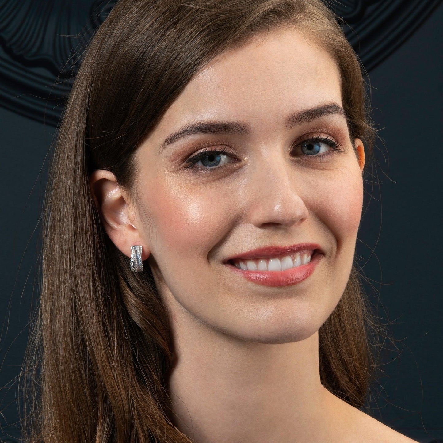 Sterling Silver Large Hoop Earrings for Women with Baguette Stones - namana.london