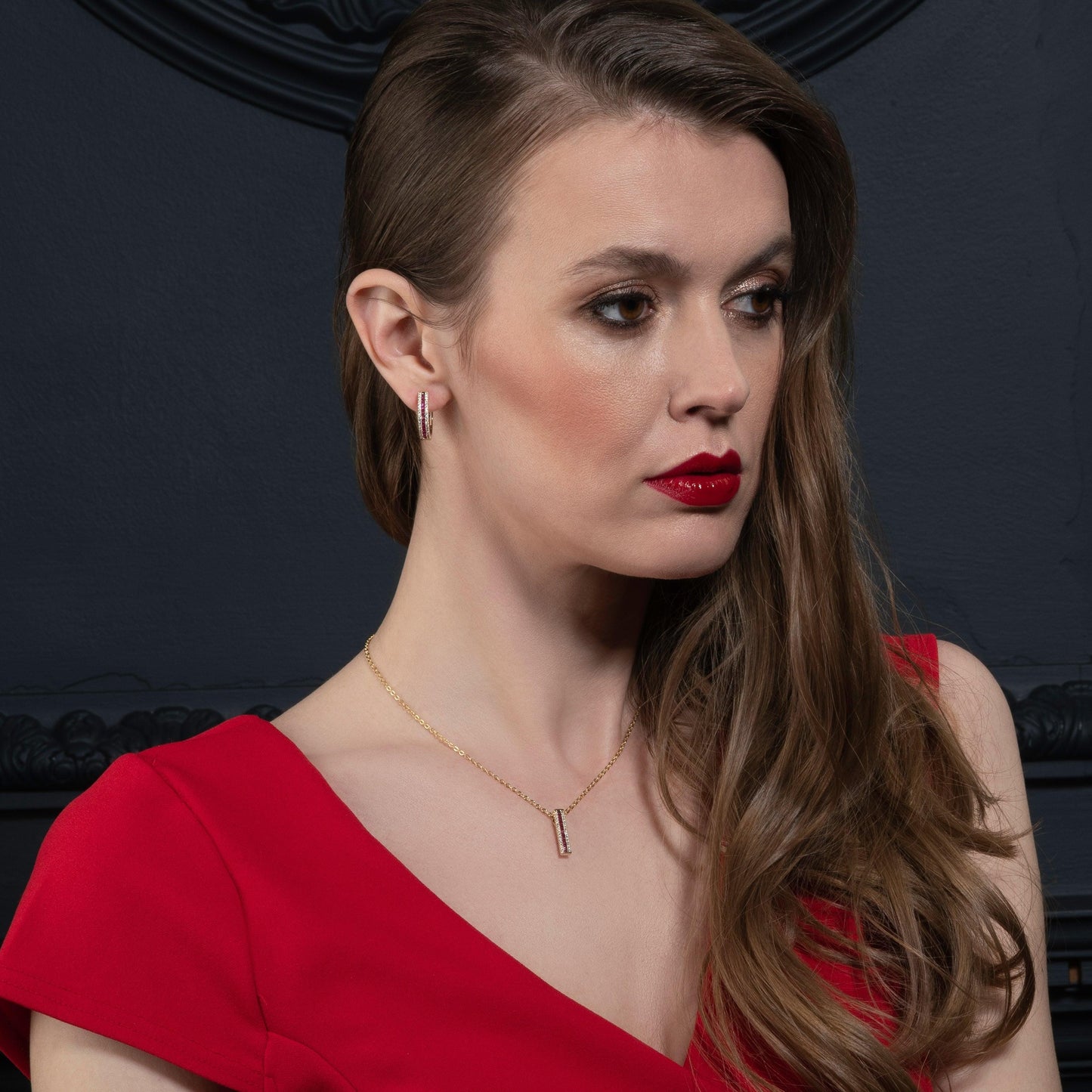 Gold Bar Pendant Necklace with Red Cubic Zirconia Stones - namana.london