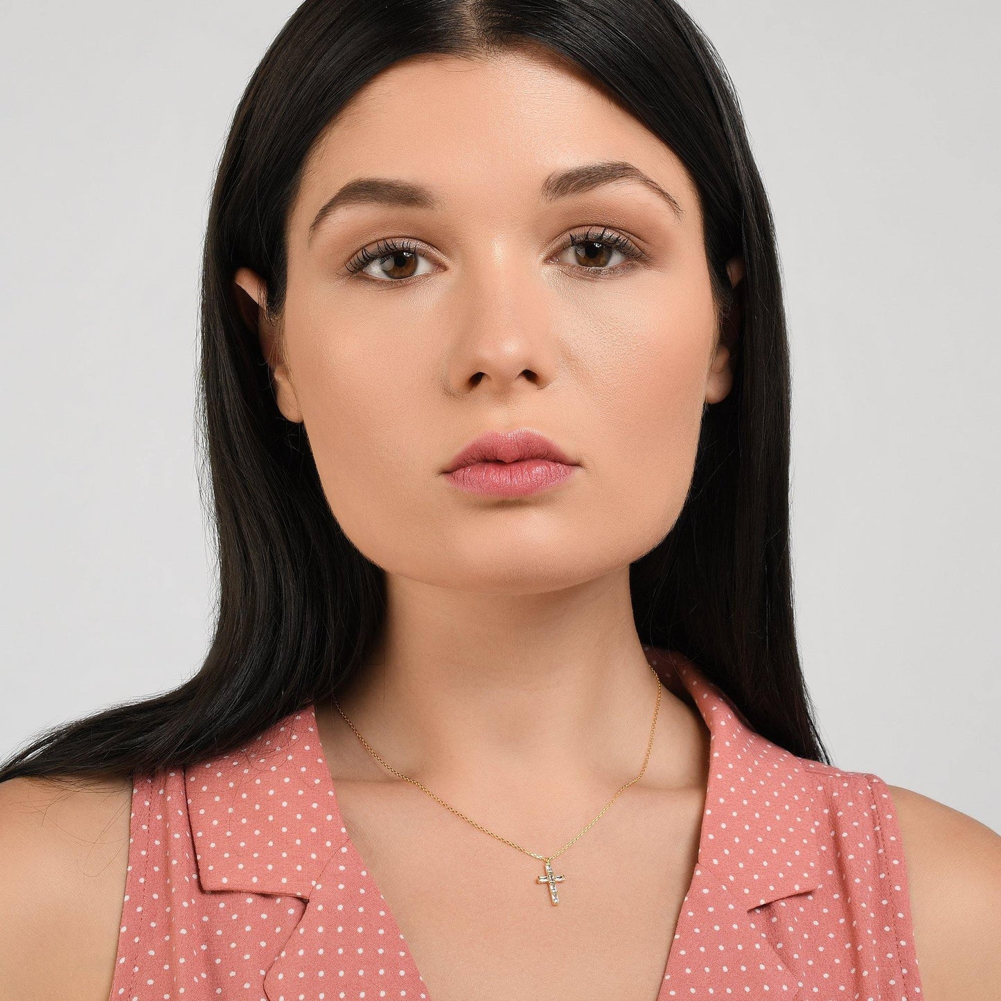 Gold Cross Pendant Necklace with Baguette Cubic Zirconia - namana.london