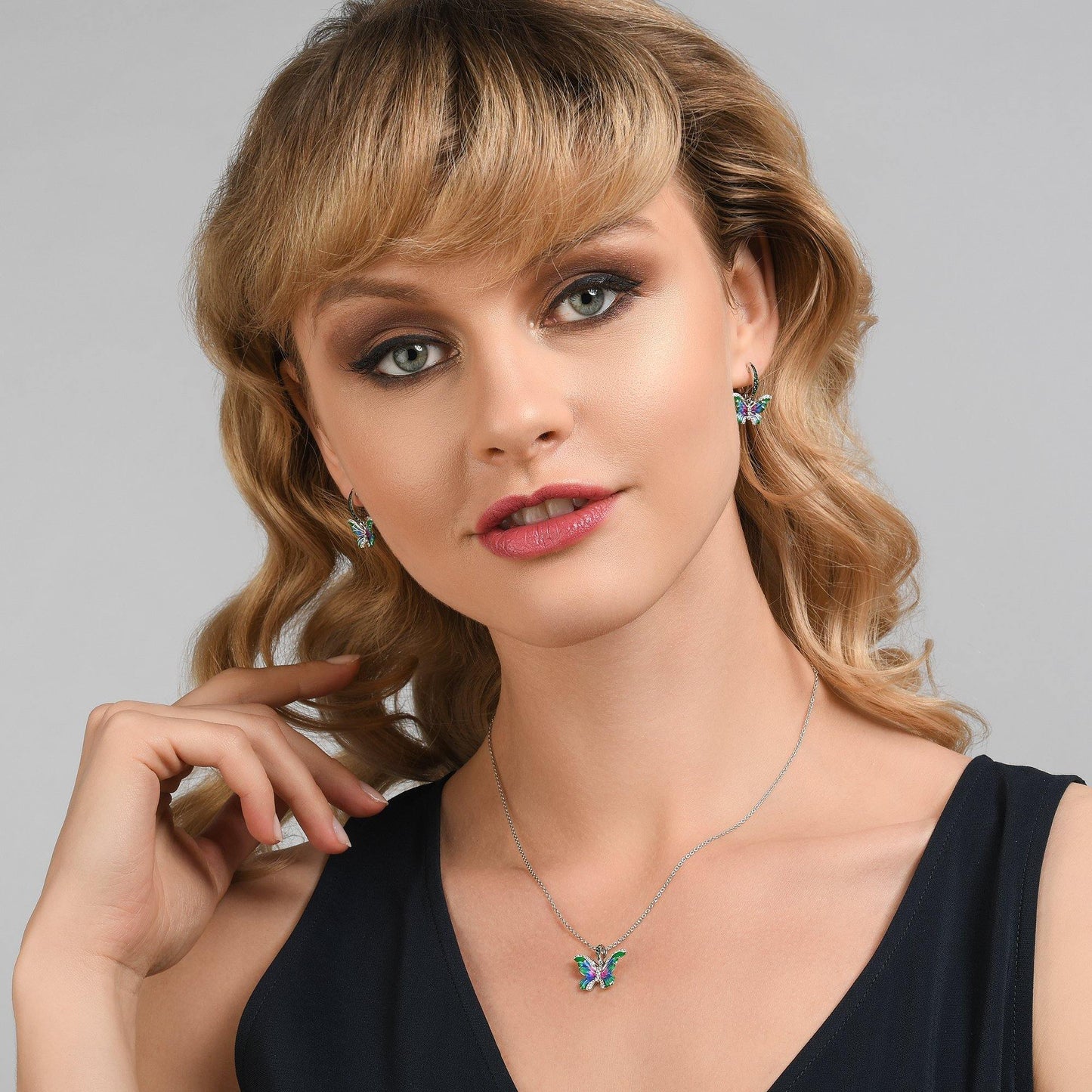 Sterling Silver Butterfly Earrings for Women with Green Enamel Details and Cubic Zirconia Gemstones - namana.london