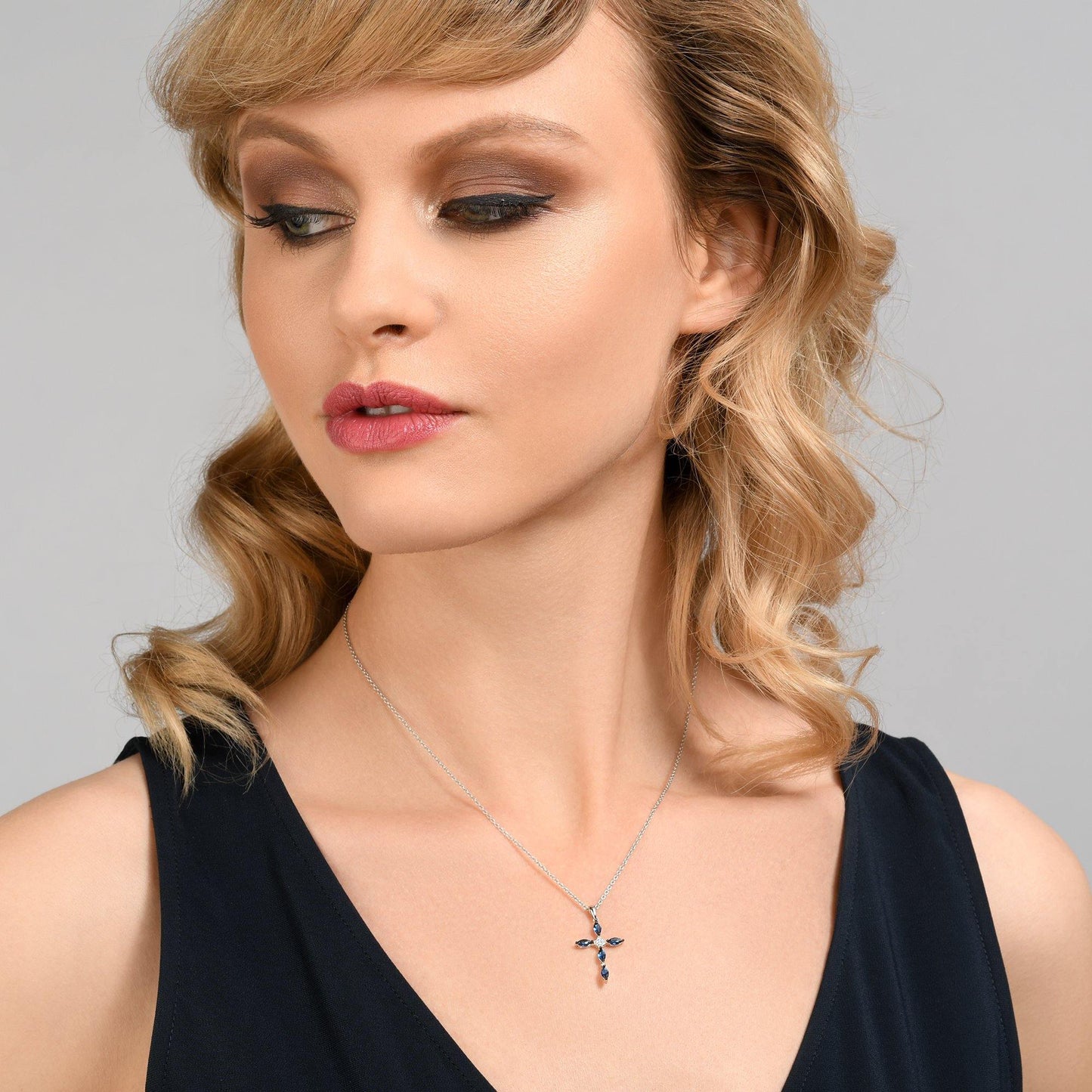 Sterling Silver Cross Necklace for Women with Blue Stones - namana.london