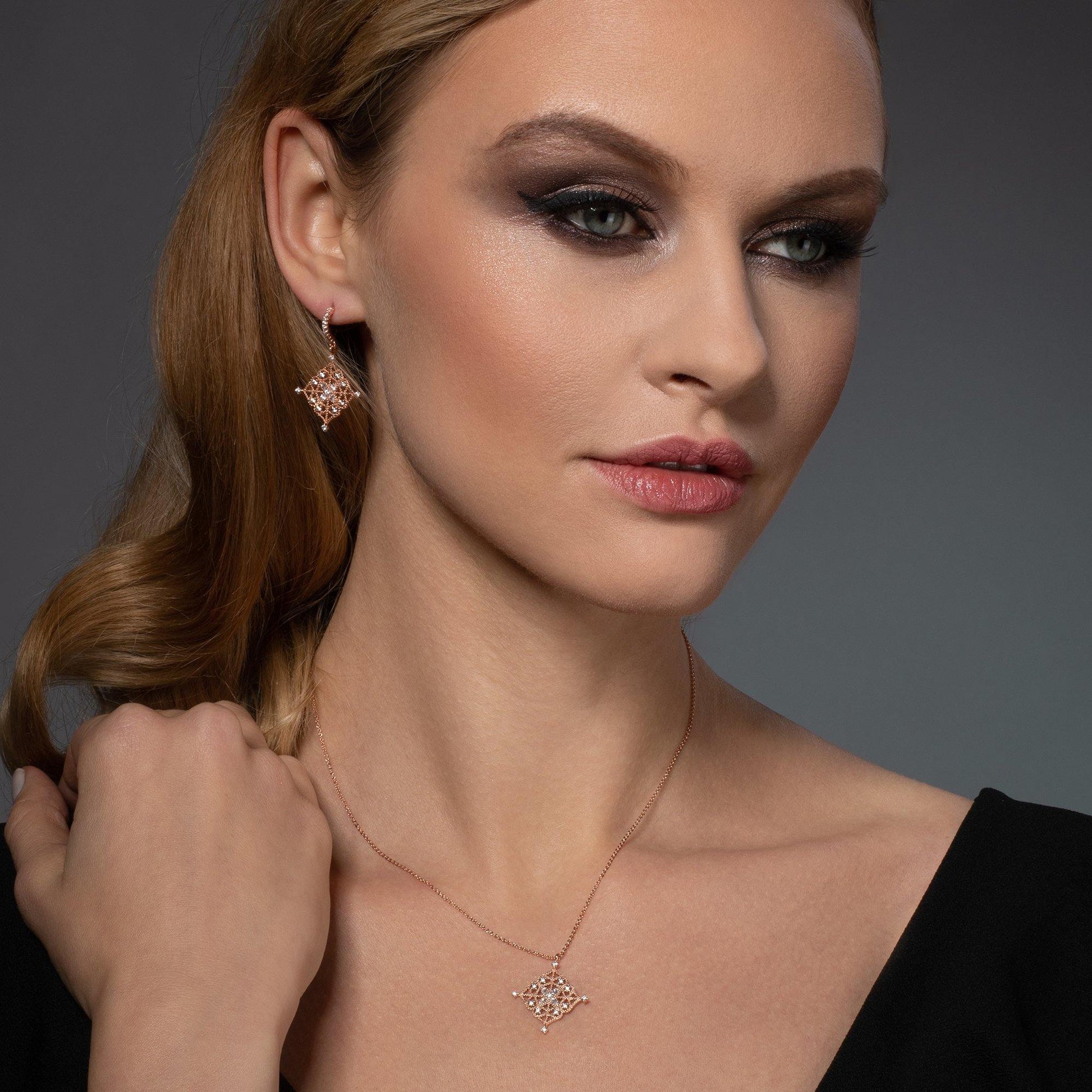 Rose Gold Arabesque Dangle Earrings with Cubic Zirconia - namana.london