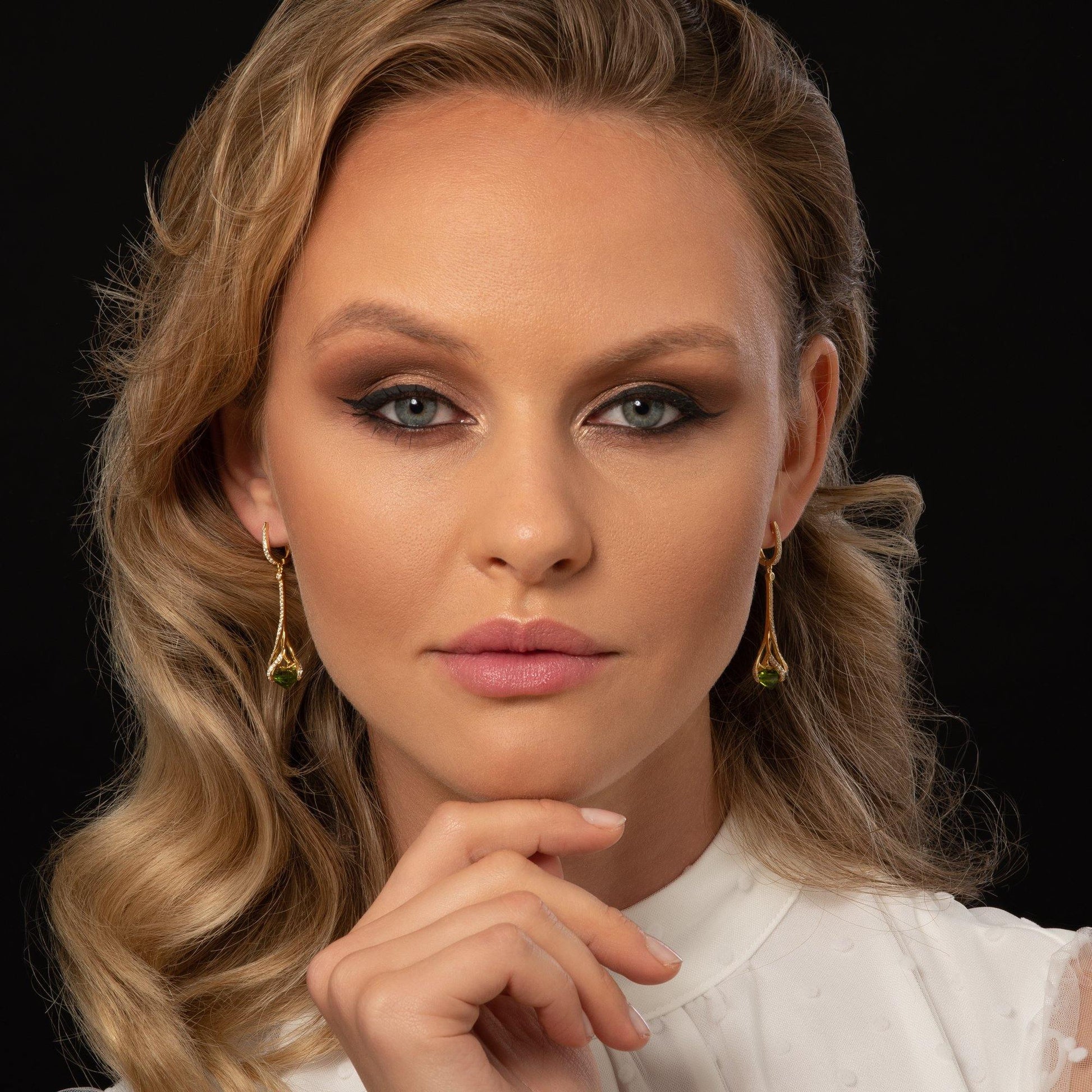 Gold Drop Earrings for Women with Green Stones and Cubic Zirconia Gemstones - namana.london