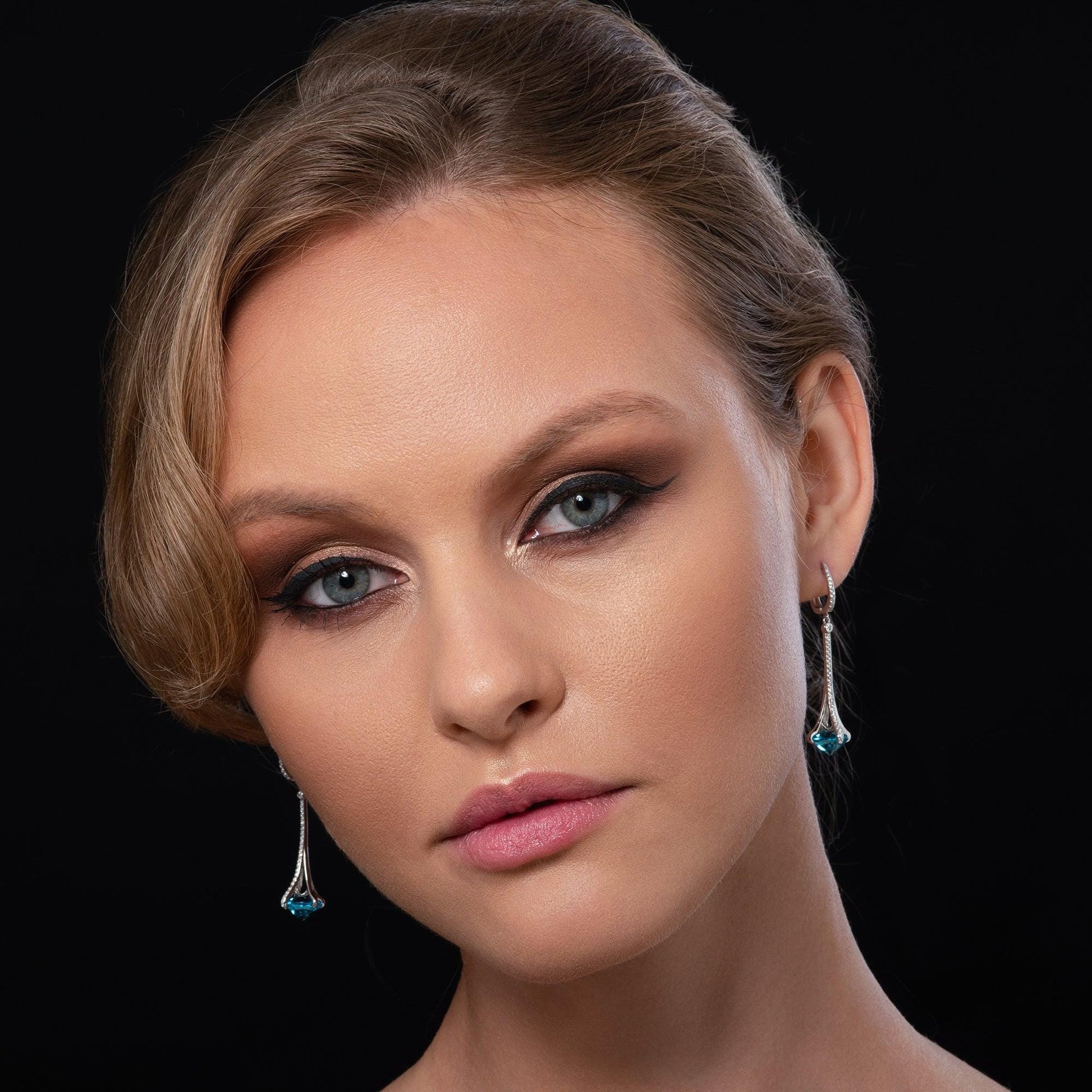 Sterling Silver Long Drop Earrings for Women with Light Blue Stones and Cubic Zirconia Gemstones - namana.london