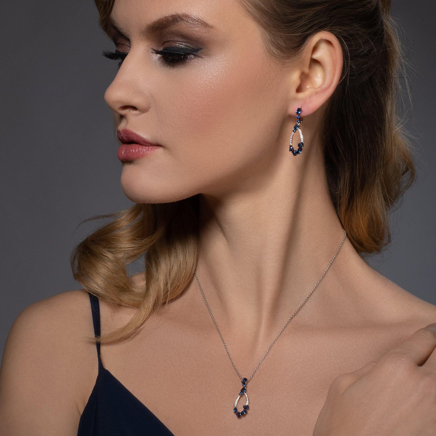 Sterling Silver Drop Pendant Necklace for Women with Blue Stones and Cubic Zirconia Gemstones - namana.london