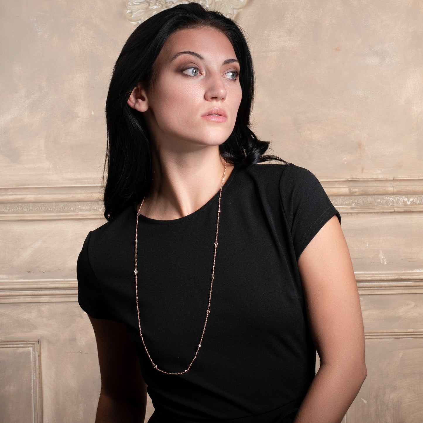 Long Rose Gold Chain Necklace with Stones - namana.london