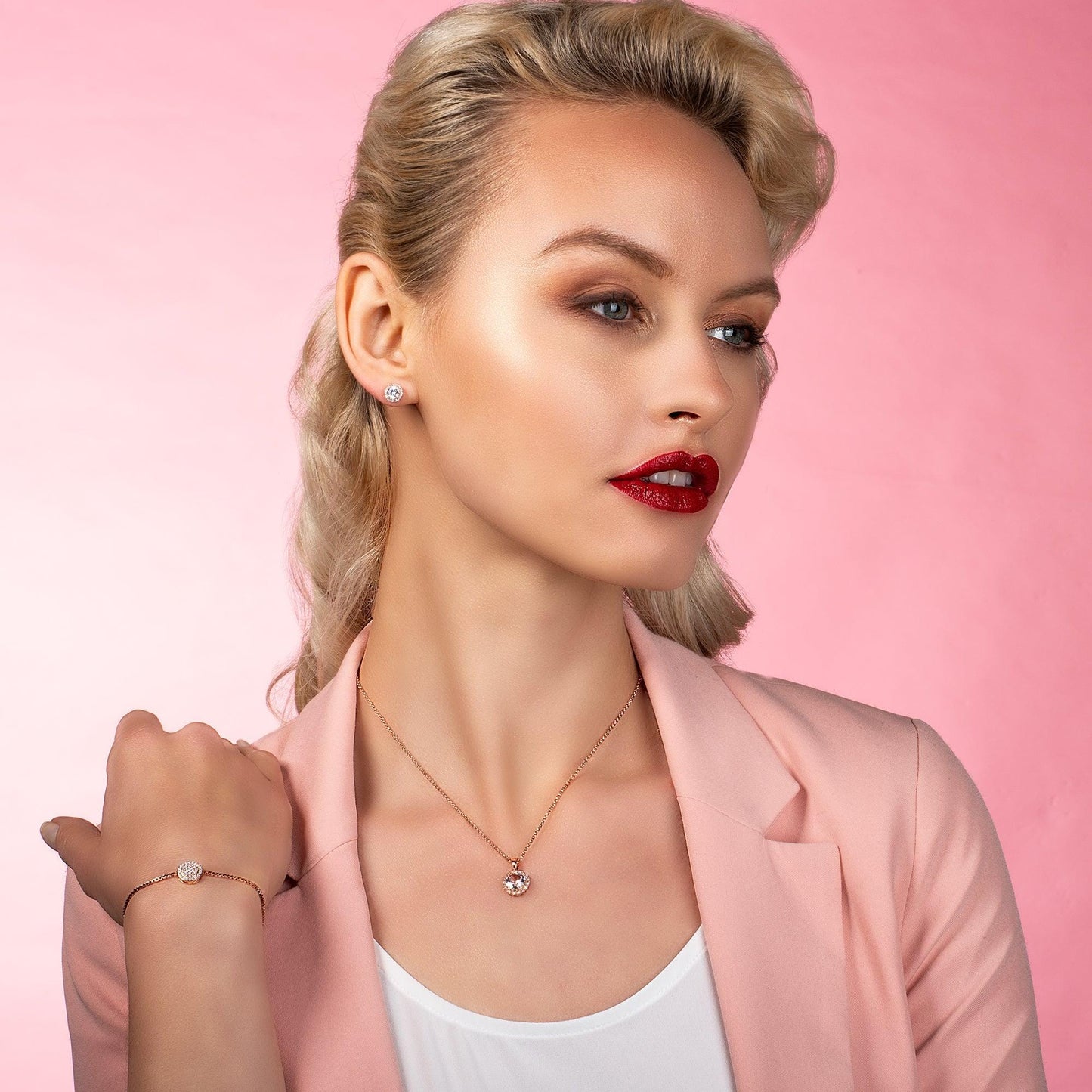 Rose Gold Halo Drop Pendant Necklace with Swarovski Crystals - namana.london