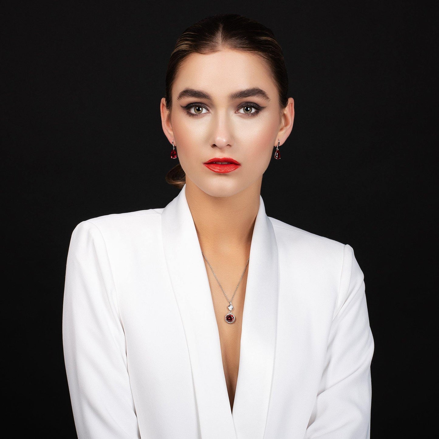 Pear Drop Earrings with Red Cubic Zirconia Stones - namana.london
