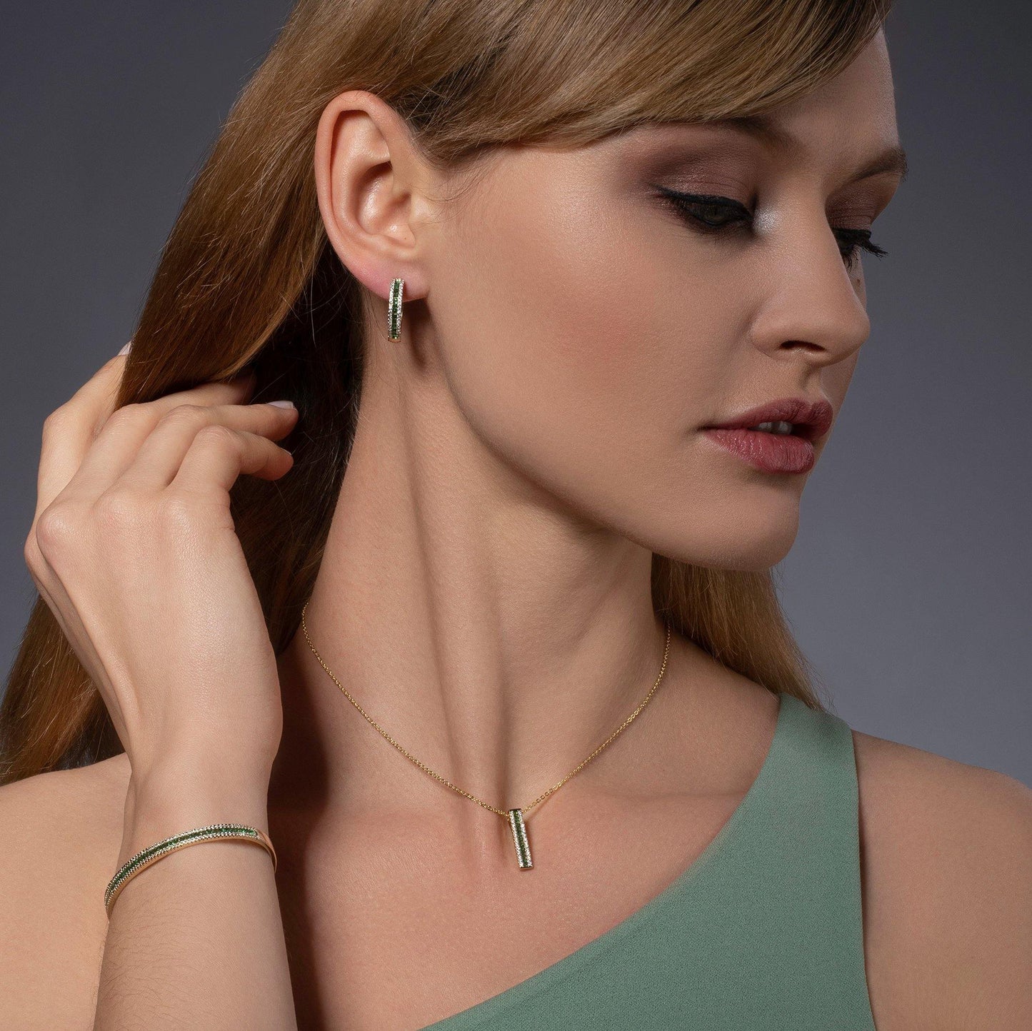 Gold Hoop Earrings with Green Cubic Zirconia Stones - namana.london