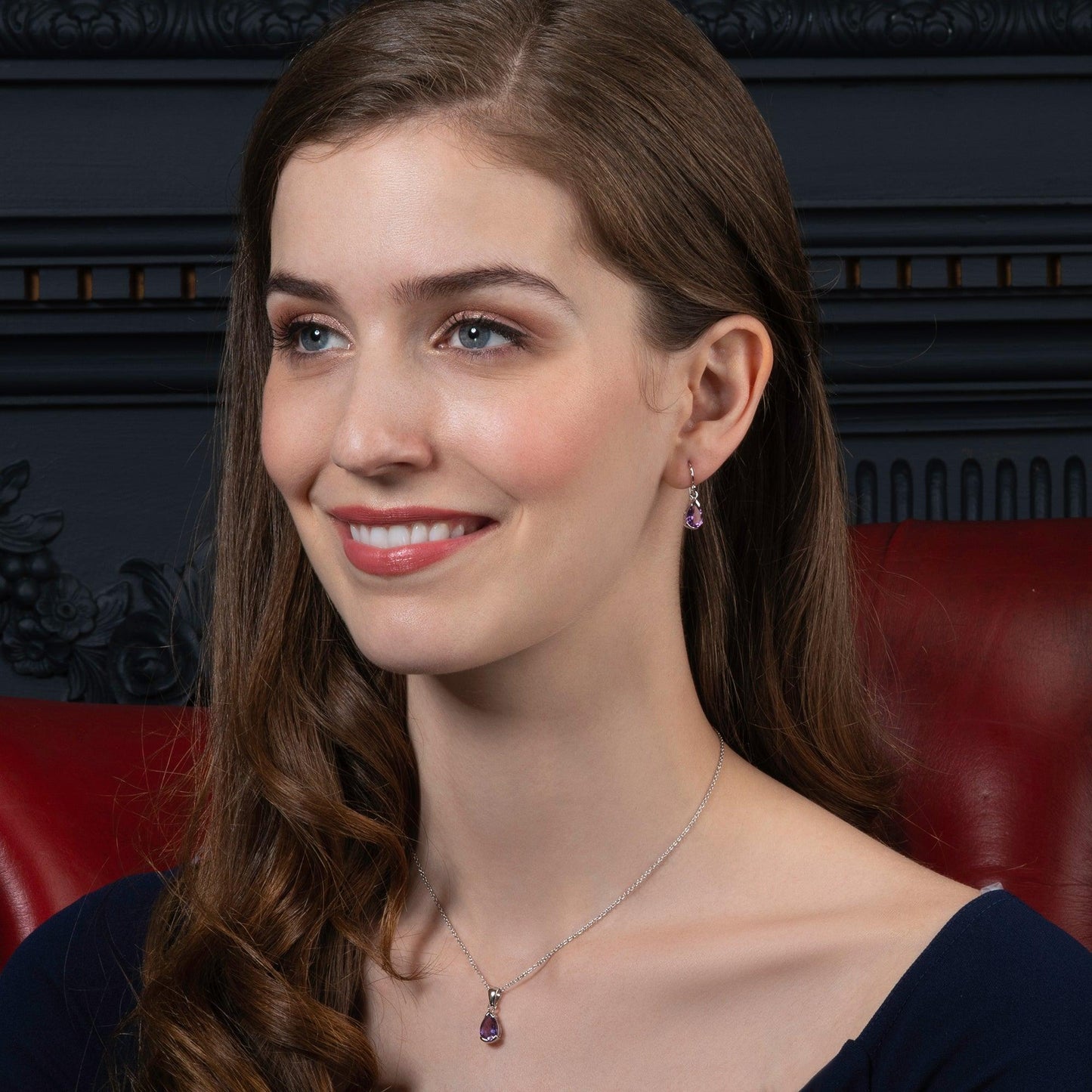 925 Sterling Silver Pear Shaped Amethyst Pendant Necklace - namana.london