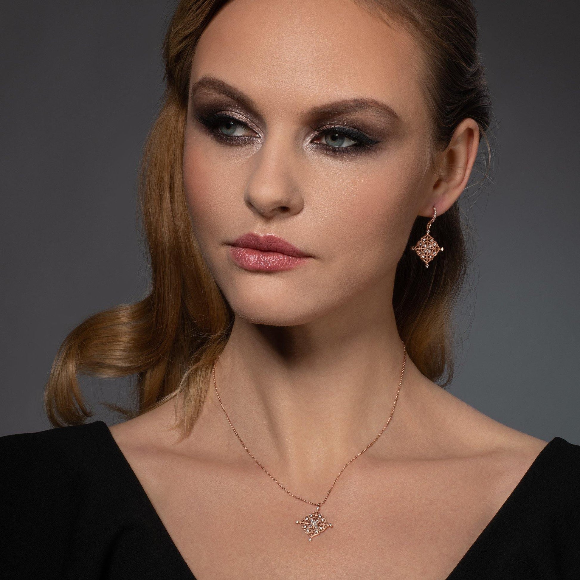 Rose Gold Arabesque Dangle Earrings with Cubic Zirconia - namana.london