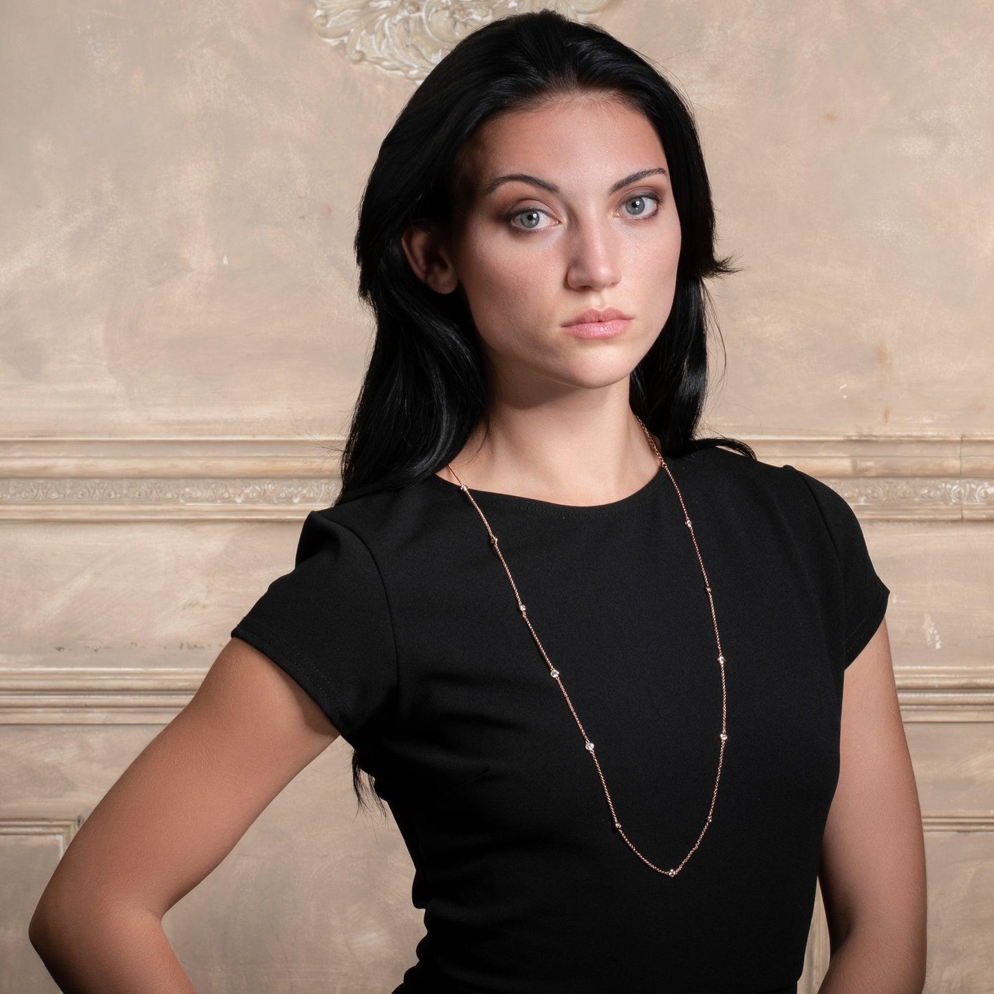 Long Rose Gold Chain Necklace with Stones - namana.london