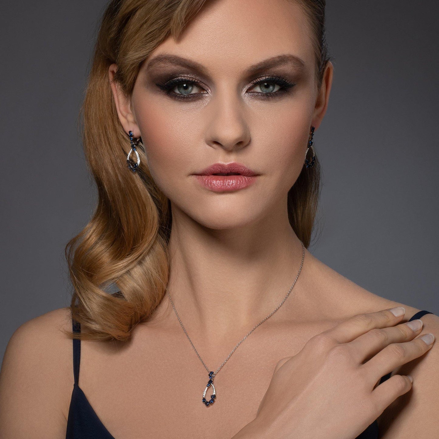 Sterling Silver Drop Pendant Necklace for Women with Blue Stones and Cubic Zirconia Gemstones - namana.london