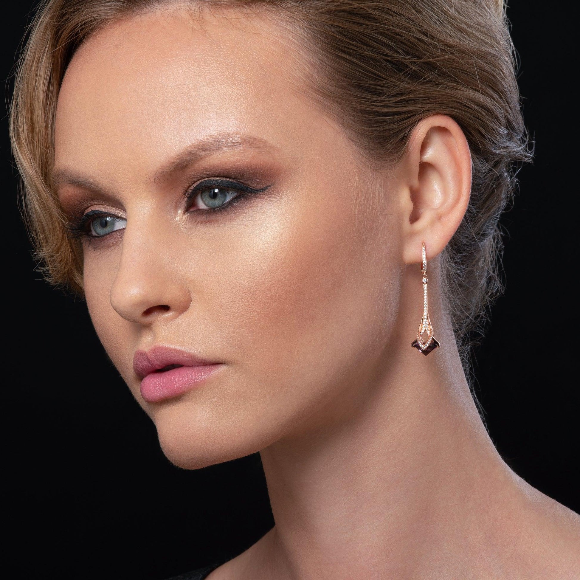 Rose Gold Drop Earrings for Women with Purple Stones and Cubic Zirconia Gemstones - namana.london