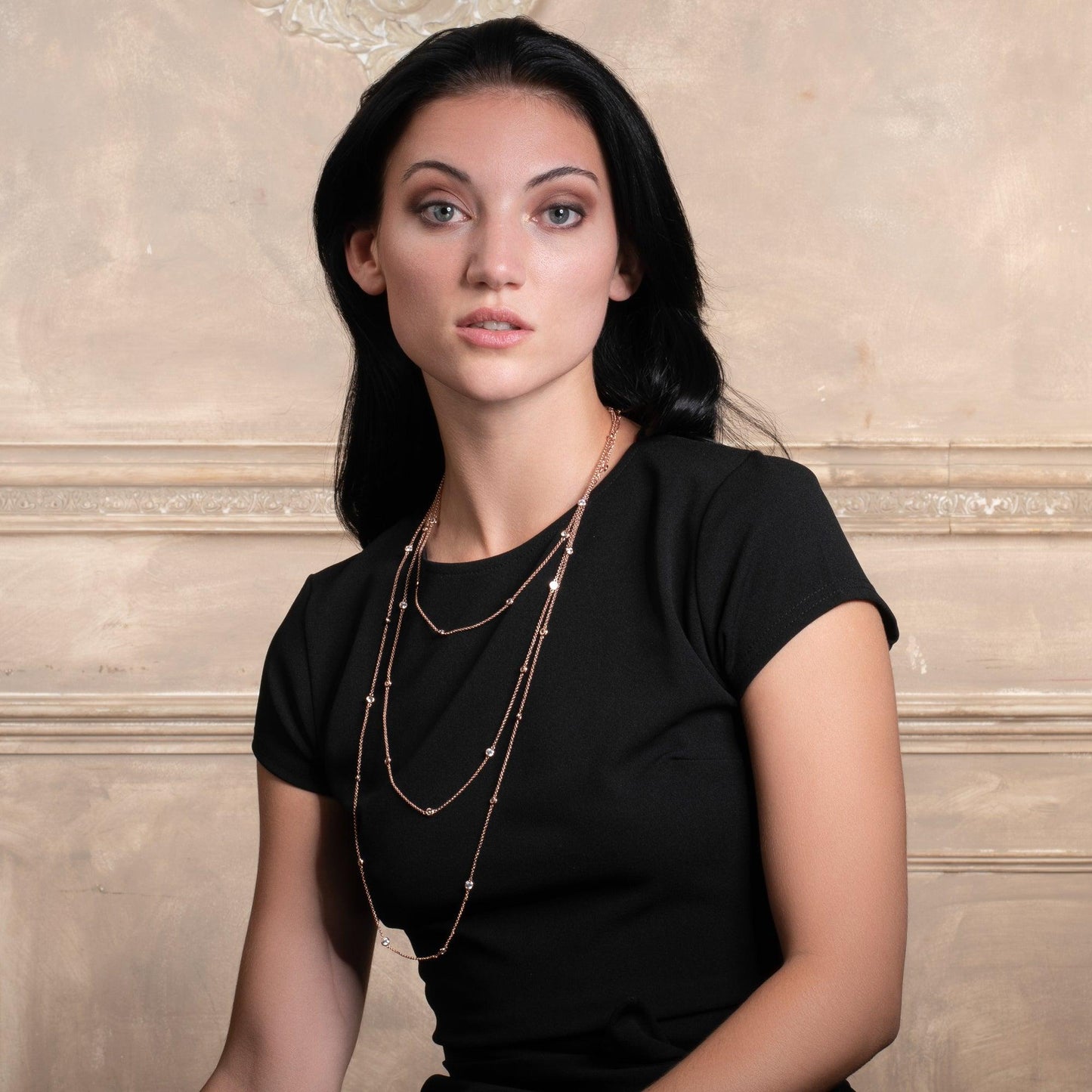 Long Rose Gold Chain Necklace with Stones - namana.london