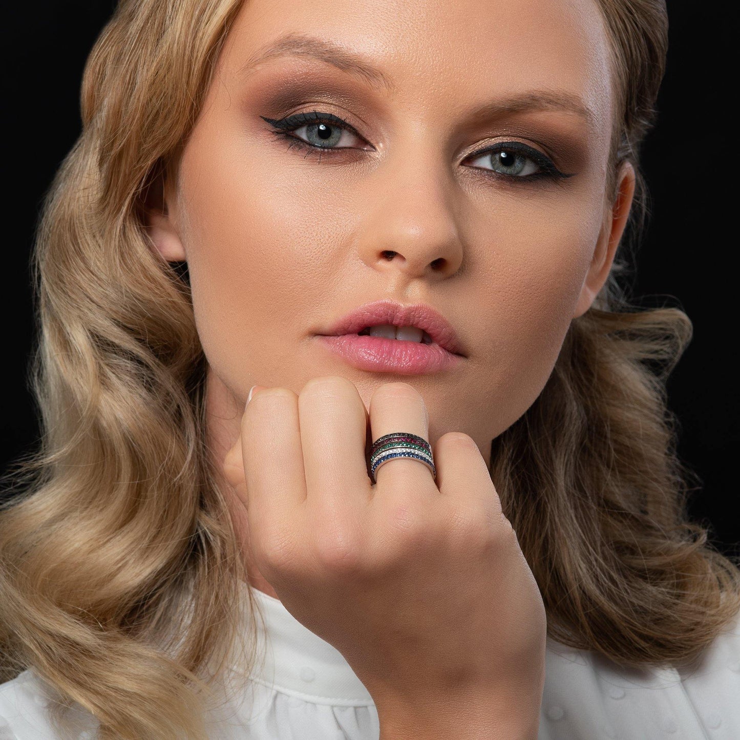 Skinny Sterling Silver Band Ring for Women with Cubic Zirconia Gemstones - namana.london