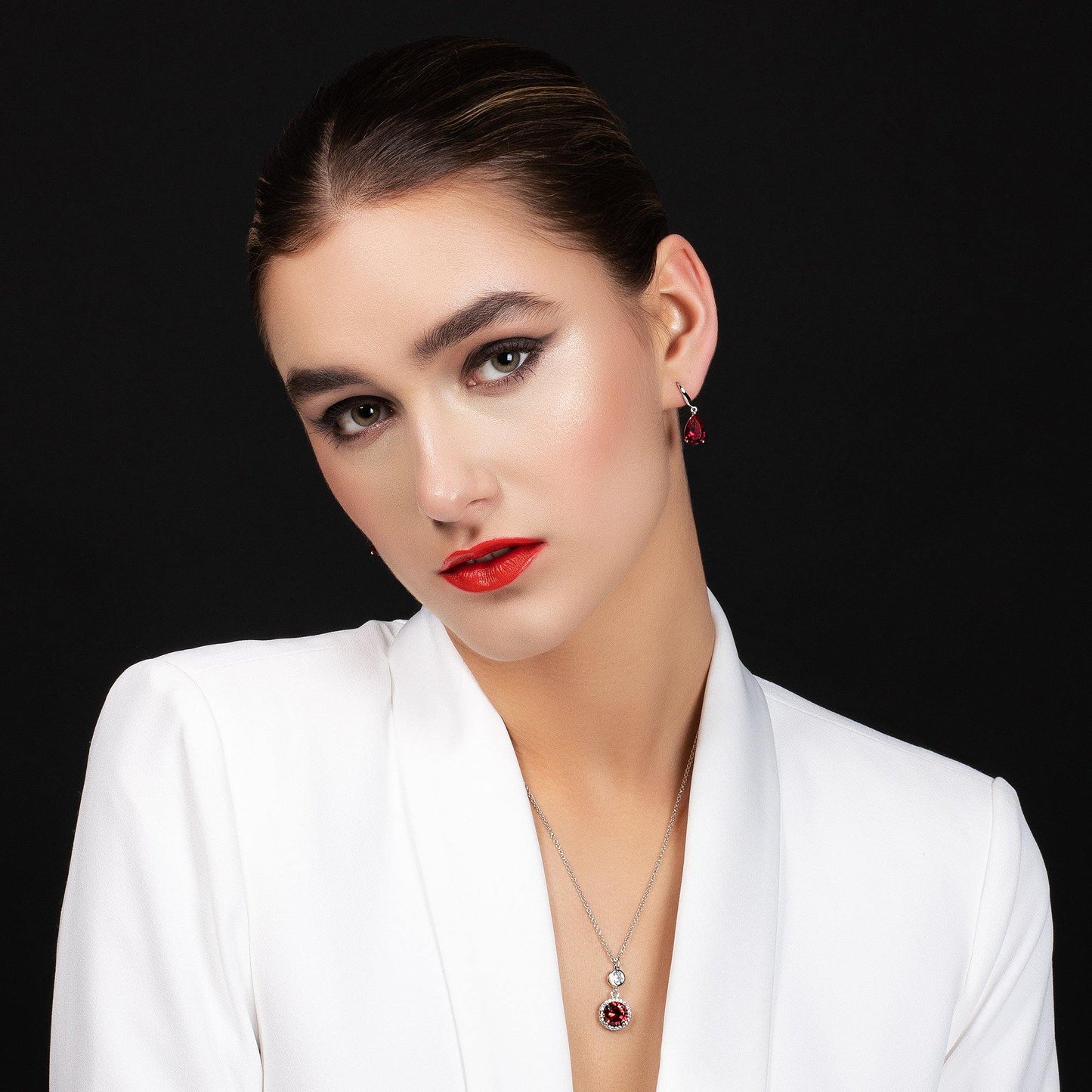 Pear Drop Earrings with Red Cubic Zirconia Stones - namana.london