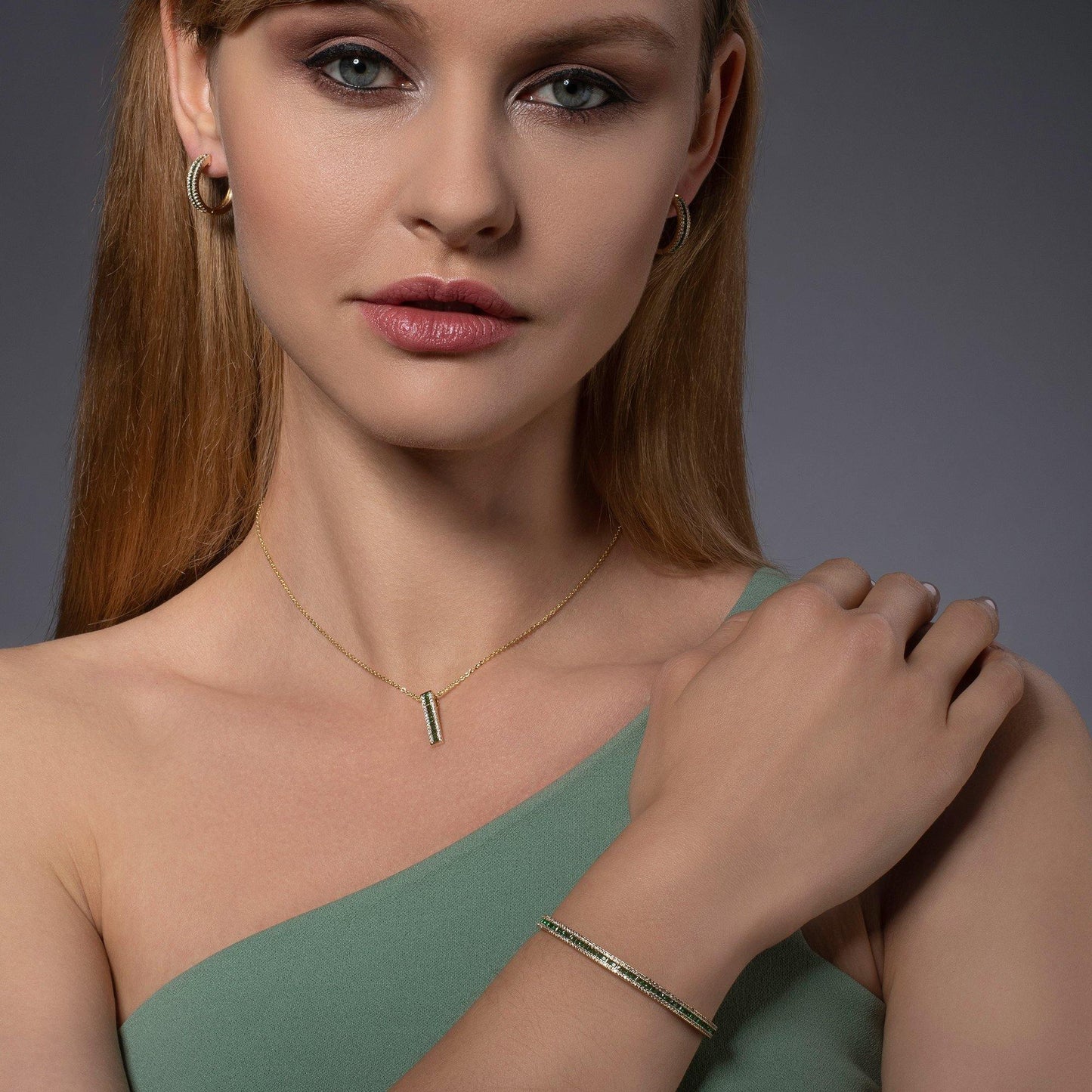 Gold Hoop Earrings with Green Cubic Zirconia Stones - namana.london