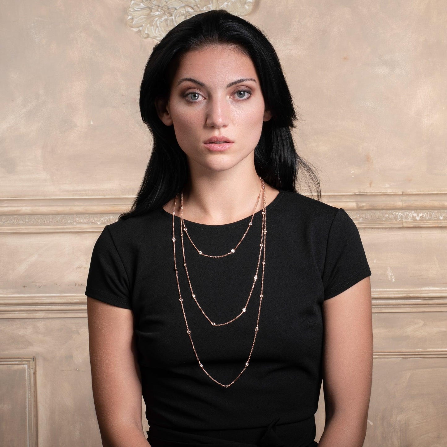 Long Rose Gold Chain Necklace with Stones - namana.london