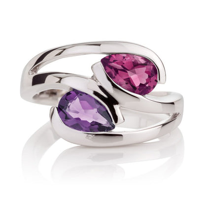 925 Sterling Silver Ring with Pear-Shaped Amethyst & Rhodolite Gemstones