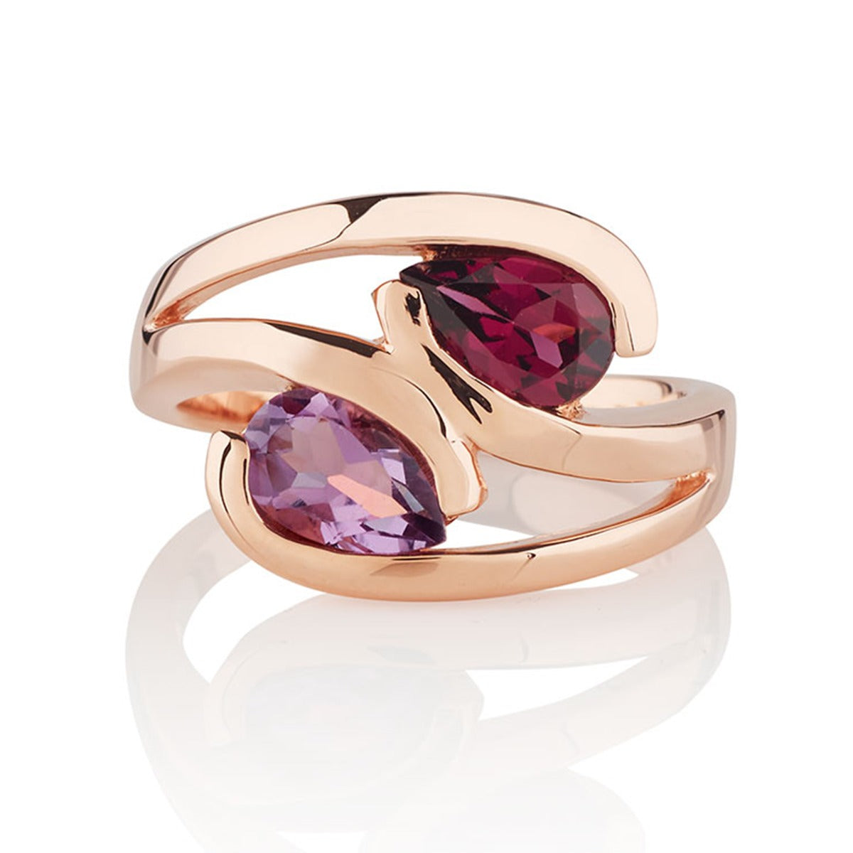 Rose Gold Vermeil Ring with Pear-Shaped Amethyst & Rhodolite Gemstones