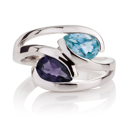 925 Sterling Silver Ring with Pear-Shaped Blue Topaz & Iolite Gemstones