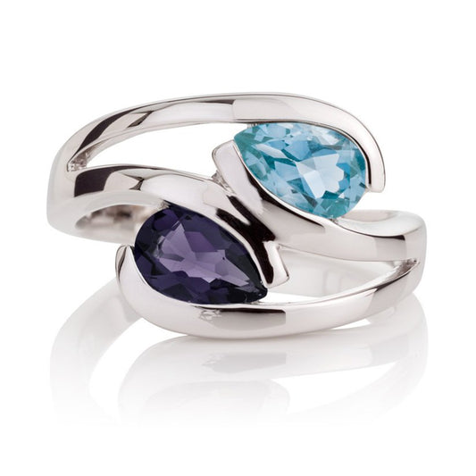 925 Sterling Silver Ring with Pear-Shaped Blue Topaz & Iolite Gemstones