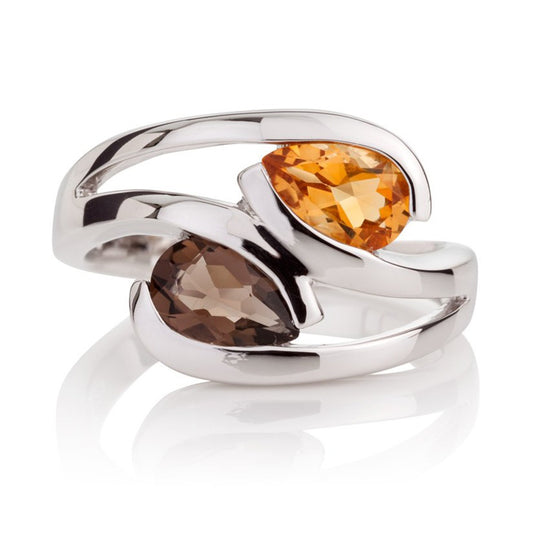 925 Sterling Silver Ring with Pear-Shaped Citrine & Smoky Quartz Gemstones