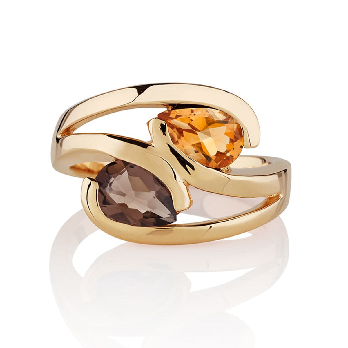 Gold Vermeil Ring with Pear-Shaped Citrine & Smoky Quartz Gemstones