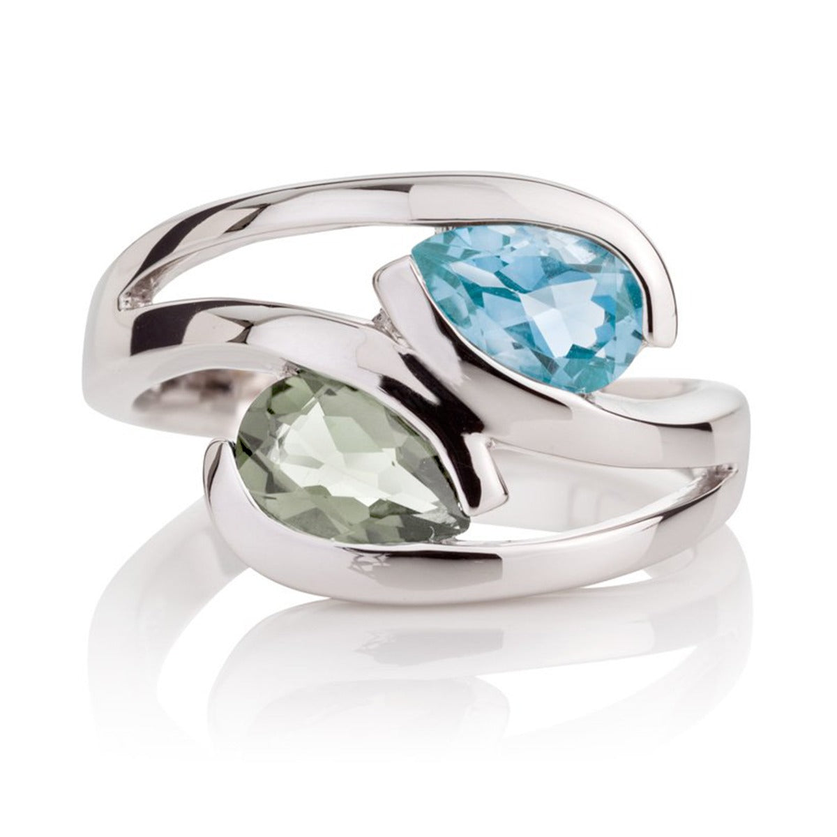 925 Sterling Silver Ring with Pear-Shaped Blue Topaz & Prasiolite Gemstones