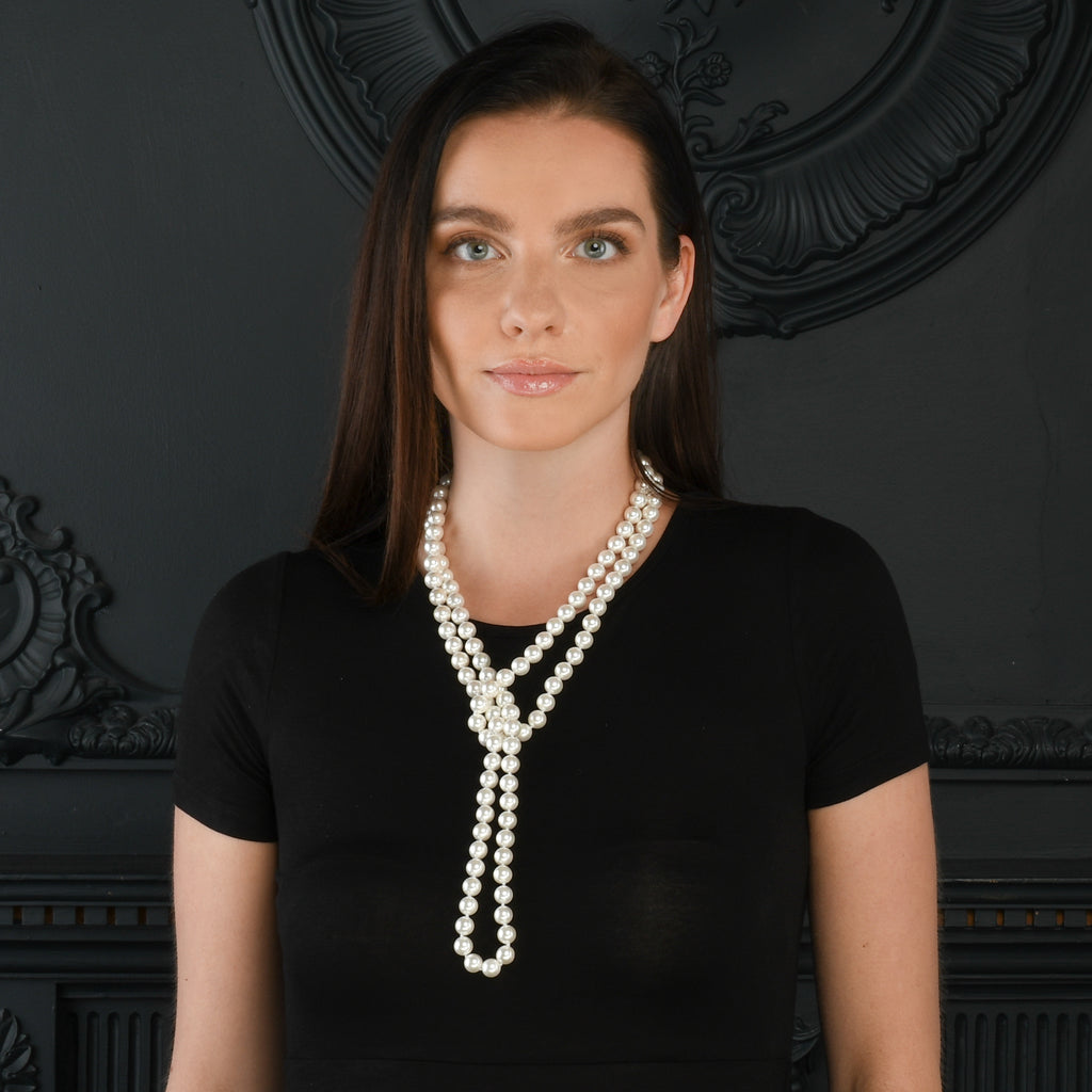 55-inch Extra Long Stylish Pearl Necklace for Women with White Shell Pearls