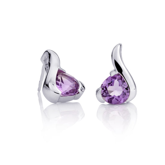 Sterling Silver Stud Earrings With Pear-Shaped Amethyst Gemstones