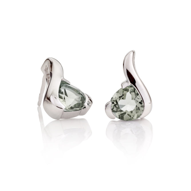 Sterling Silver Stud Earrings With Pear-Shaped Green Amethyst Gemstones