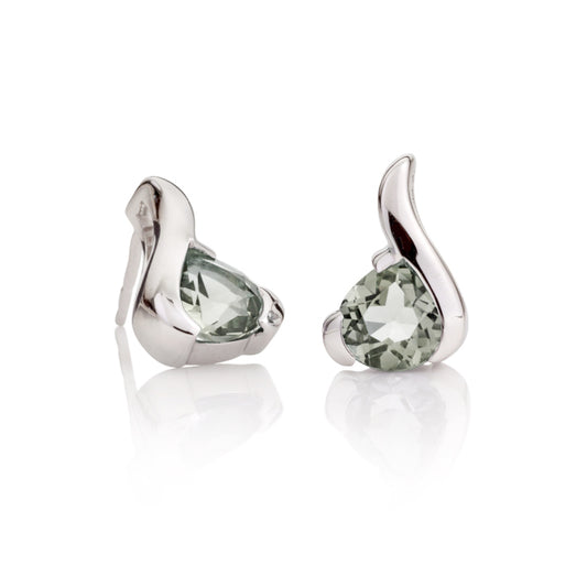Sterling Silver Stud Earrings With Pear-Shaped Green Amethyst Gemstones
