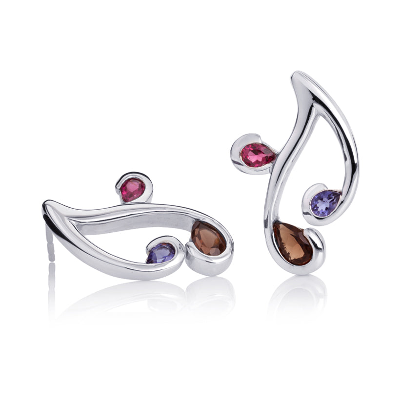 Sterling Silver Floral Stud Earrings with Natural Smoky Quartz, Iolite and Rhodolite Gemstones