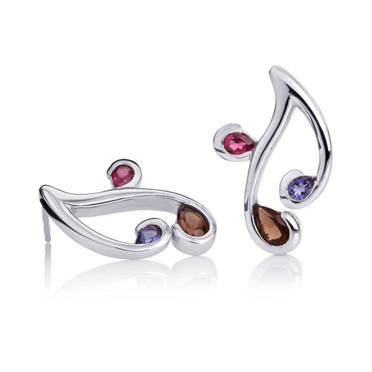 Sterling Silver Floral Stud Earrings with Natural Smoky Quartz, Iolite and Rhodolite Gemstones