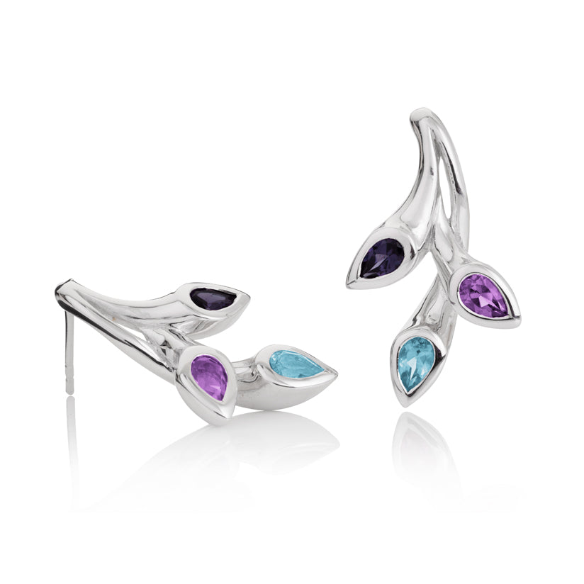925 Sterling Silver Stud Earrings with Natural Amethyst, Blue Topaz & Iolite Gemstones