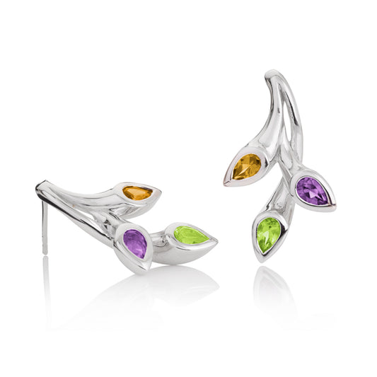 925 Sterling Silver Stud Earrings with Natural Peridot, Citrine and Amethyst Gemstones